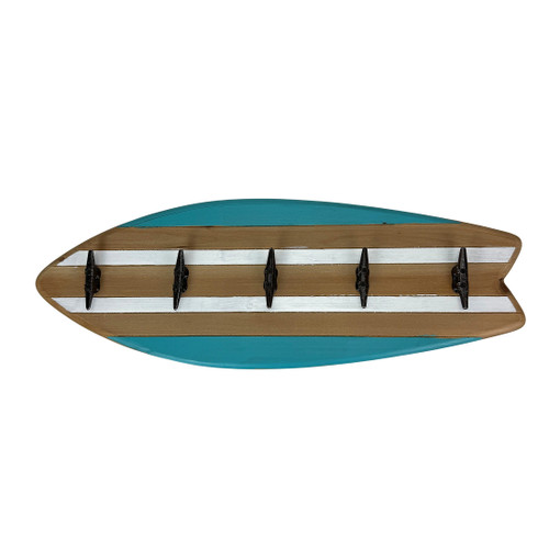 Surfboard Wall Hook Rack 28 in Coastal Wood Metal 5 Cleat Decorative Hooks Main image