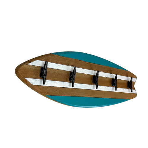 Surfboard Wall Hook Rack 28 in Coastal Wood Metal 5 Cleat Decorative Hooks Additional image