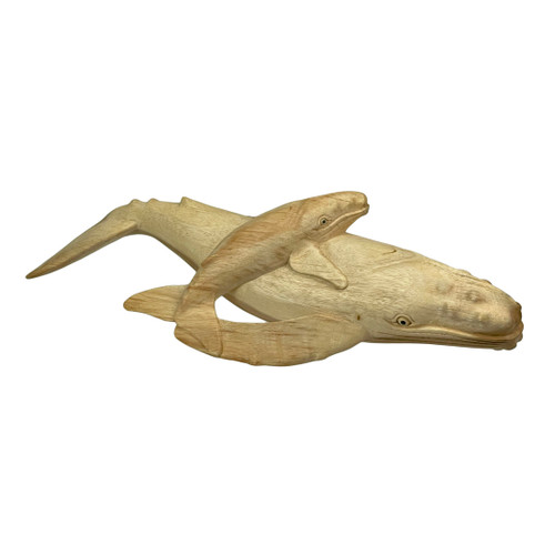 Beautiful Carved Teak Wood Humpback Whale and Baby Tabletop Statue 20 Inch Main image