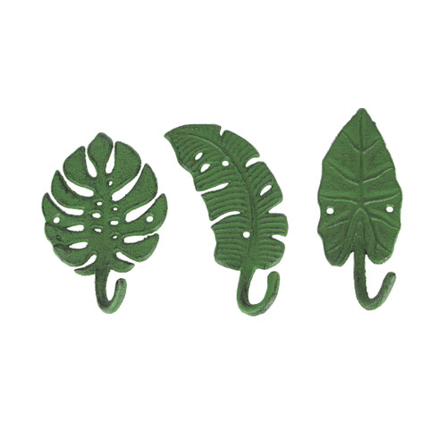 Set of 3 Cast Iron Tropical Leaf Decorative Wall Hooks Main image