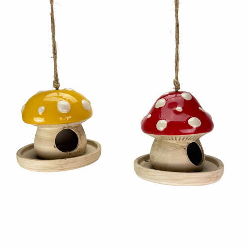 Set of 2 Hanging Mushroom Bird Feeders Red Yellow Porcelain 13 Inch Tall Main image