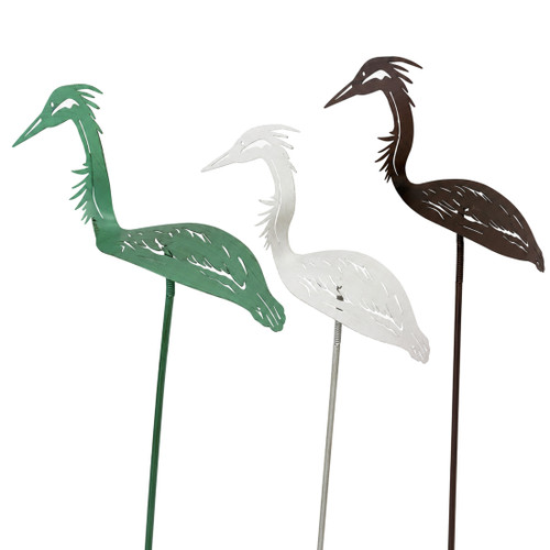 Set of 3 Metal Heron Garden Stakes Brown Green White 35 Inch Outdoor Decor Main image