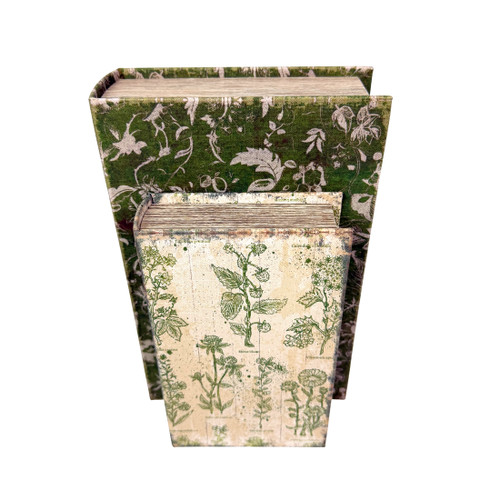 Set of 2 Botanical Decorative Book Boxes Green Cream Wood 10.75 Inch Additional image