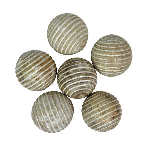 Set of 6 Ribbed Wooden Decorative Balls Carved Striped Tabletop Bowl Fillers Main image