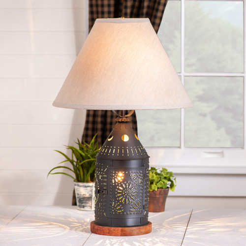 Rustic 25 in Table Lamp Smokey Black Wood Base Ivory Linen Tapered Shade Main image