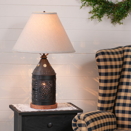 Rustic 25 in Table Lamp Smokey Black Wood Base Ivory Linen Tapered Shade Additional image