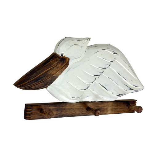 Pelican Wall Hook Rack 3 Peg Weathered White Wood Coastal 15.75 Inch Main image