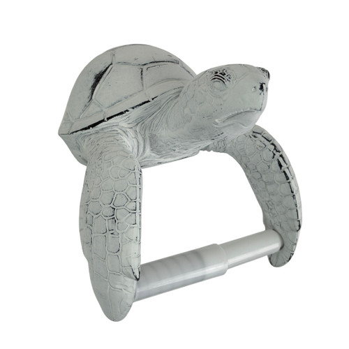 Sea Turtle Toilet Paper Holder Whitewashed Resin Wall Mount 6.5 Inch Coastal Main image