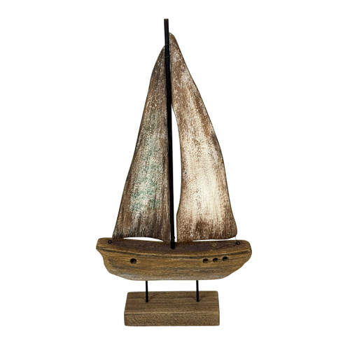 Weathered Wood Sailboat Sculpture 22 Inch Nautical Coastal Tabletop Decor Main image