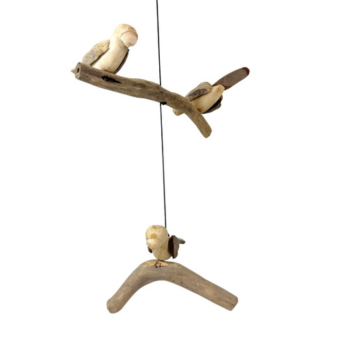 Hanging Bird Mobile Natural Driftwood Wood Sculpture 30 Inch Three Bird Decor Main image