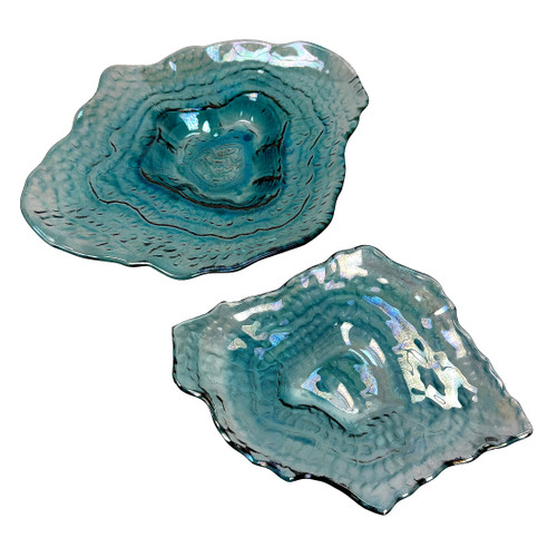 Oyster Shaped Decorative Plates Blue Iridescent Glass Coastal Serveware Main image