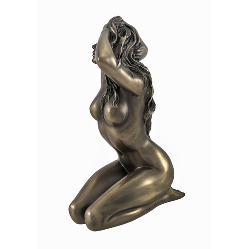 Bronzed Female Nude Kneeling Hands In Hair Statue Facing Right Additional image