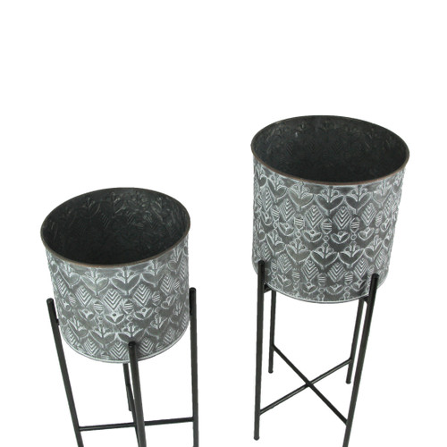 Set of 2 Galvanized Metal Planters With Stands Rustic Flower Pot Garden Decor Additional image