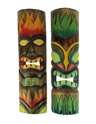 Fire and Earth Hand Crafted Wooden Tiki Totem Wall Masks 20 Inch Set of 2 Main image