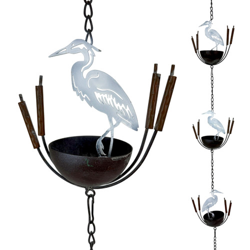 Decorative Heron Rain Chain Metal Cattail Cups 84 Inch Hanging Downspout Accent Main image