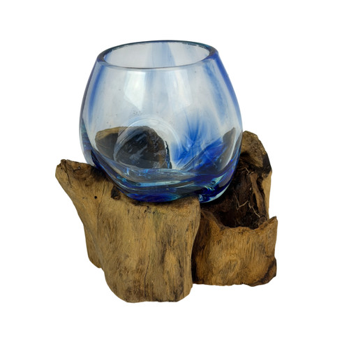 Blue Hand Blown Glass Vase on Driftwood Base 5 Inch Tabletop Coastal Decor Main image