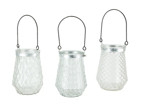 Set of 3 Textured Clear Glass 6 Inch Diameter Candle Lanterns With Wire Handles Main image