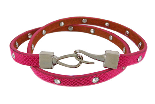 Fuchsia Leather Python Triple Wrap Rhinestone Bracelet Main image