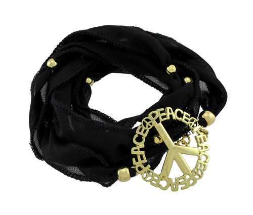 Black Beaded Ribbon Gold Tone Peace Sign Wrap Bracelet Main image