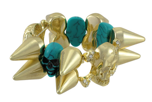 Gold-tone Spiked Stretch Bracelet w/ Turquoise Skulls Main image