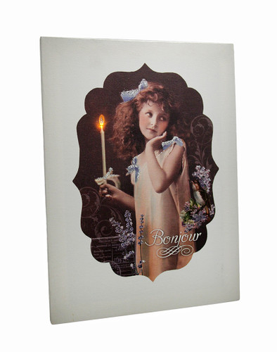 Vintage Look Bonjour Flickering Candle Girl LED Canvas Art Print Main image