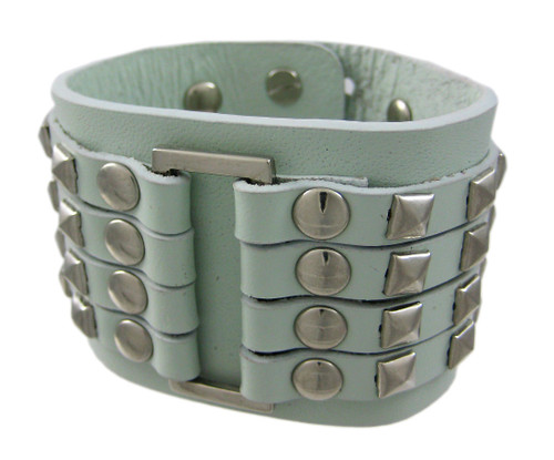 Gray Leather 4 Row Chrome Pyramid Stud Wristband Main image