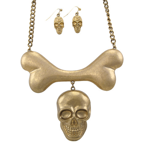 Burnished Goldtone Skull And Bones Bib Necklace - Matching Earrings Main image