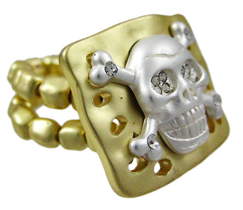 Rhinestone Skull & Crossbones Goldtone Stretch Ring Main image
