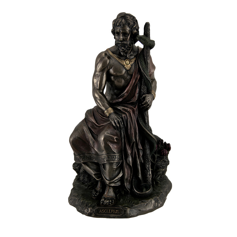 Asclepius Greek God of Medicine Holding Serpent Entwined Staff Bronzed Statue Main image