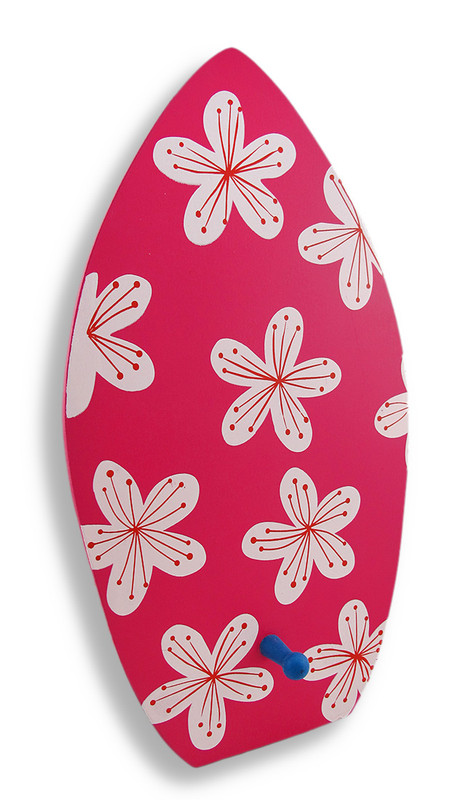 Wooden Surfboard With Flowers Decorative Wall Hook