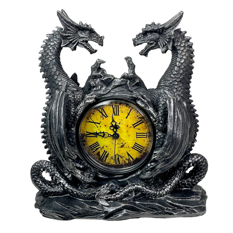 Twin Evil Dragons Antiqued Mantel Clock Table Desk Main image