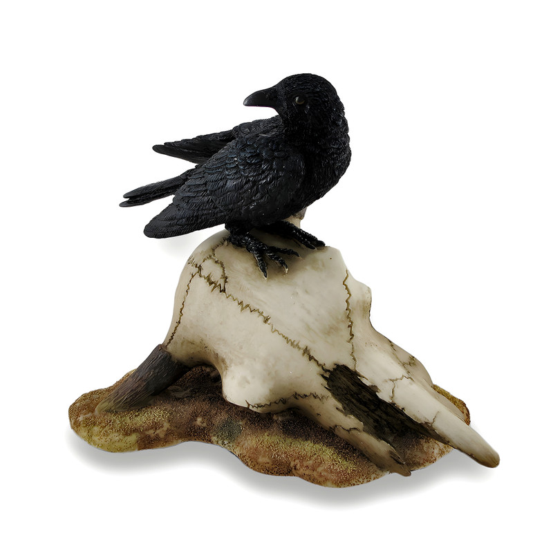 Black Crow Perched on Longhorn Skull Sculptural Figurine Main image