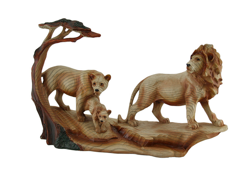 African Lion Family Carved Wood Look Resin Statue Main image
