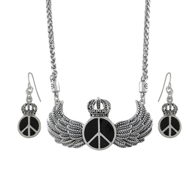 Royal Winged Peace Sign Necklace and Dangle Earrings Set Main image