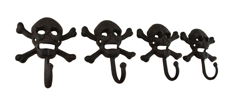 Set of 4 Rustic Cast Iron Skull and Bones Decorative Wall Hooks Main image