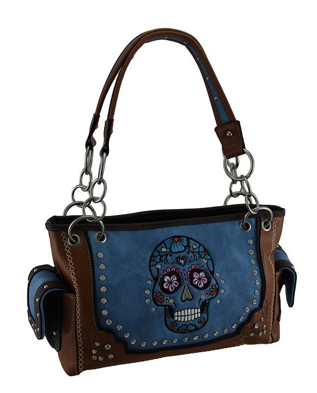 Embroidered Rhinestone Sugar Skull Concealed Carry Handbag with Stitched Trim Main image