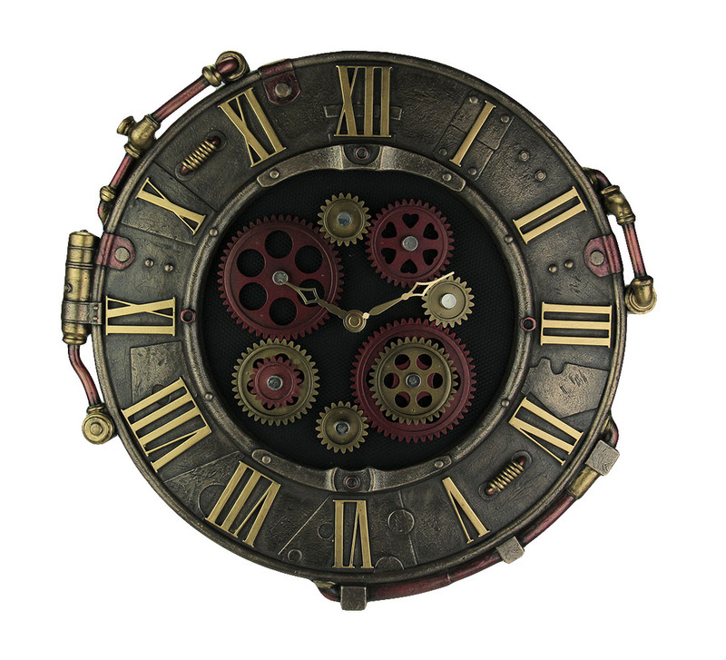 Steampunk Bronze Finish Rivet Plate Wall Clock With Moving Gears Main image