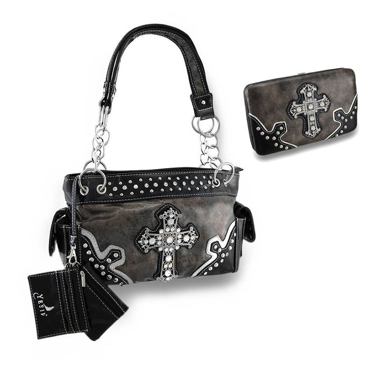Glossy Textured Vinyl Filigree Rhinestone Cross Studded Handbag/Wallet Set Main image