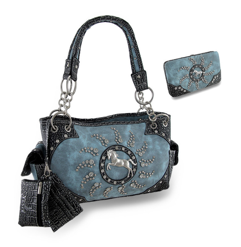 Western Horse Rhinestone Sunburst Studded Concealed Carry Handbag/Wallet Set Main image