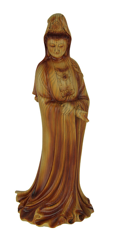 Guanyin Goddess of Mercy Faux Carved Wood Look Statue Main image