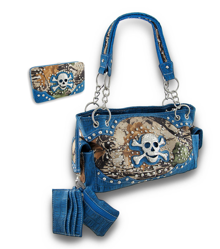 Rhinestone Skull Forest Camo Concealed Carry Purse and Wallet Croc Trim Main image
