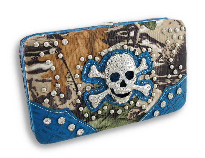 Studded Rhinestone Skull Forest Camo Flat Wallet with Croc Trim Main image