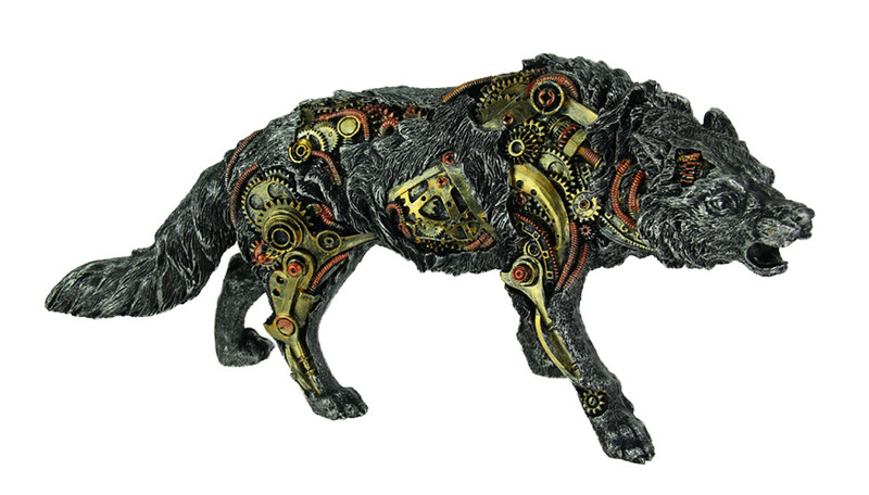 Metallic Silver Finish Mechanical Steampunk Timber Wolf Statue Main image