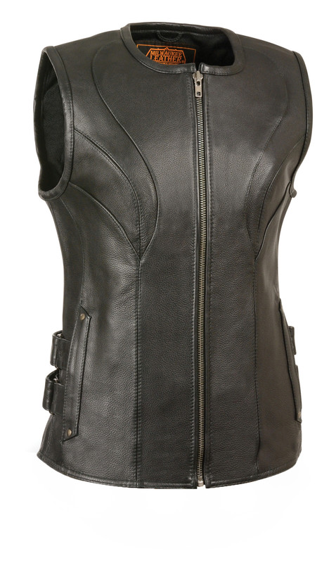 Womens Black Leather Biker Vest With Hook and Loop Straps Main image