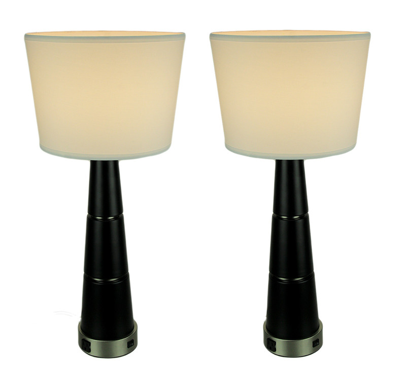Modern Black Tapered Table Lamp With Power Outlets Set of 2 Main image