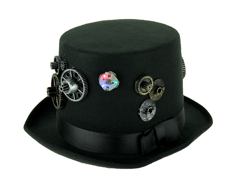 Formal Black Steampunk Style Top Hat With Flashing LED Lights Main image