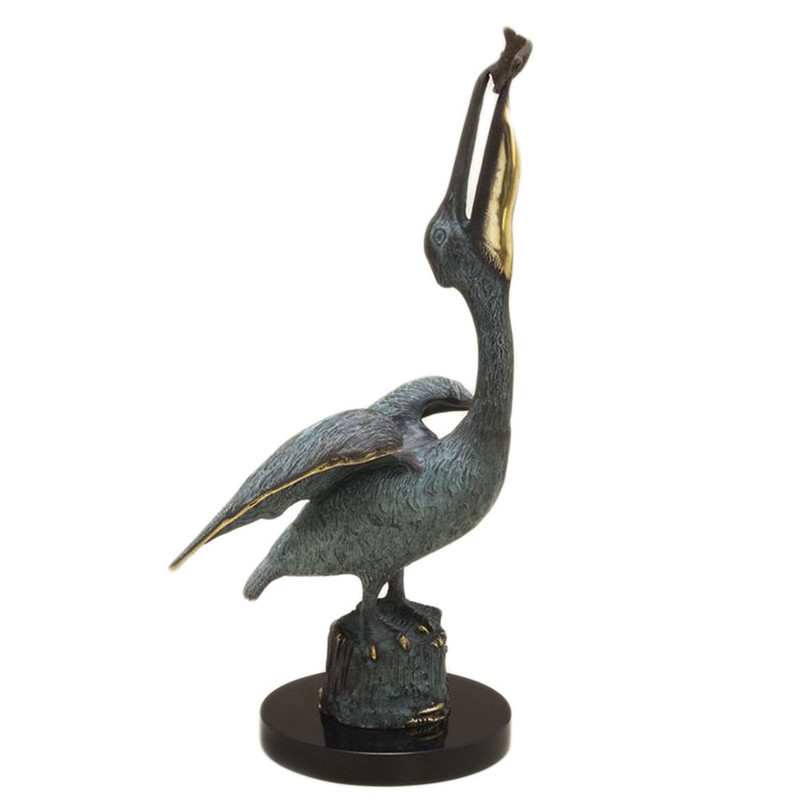 Brass and Marble Pelican Eating Fish Statue Hand Painted Accents Main image