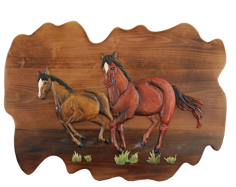 Running Horses Hand Crafted Intarsia Wood Art Wall Hanging 26 X 18 X 2.5 Inches Main image