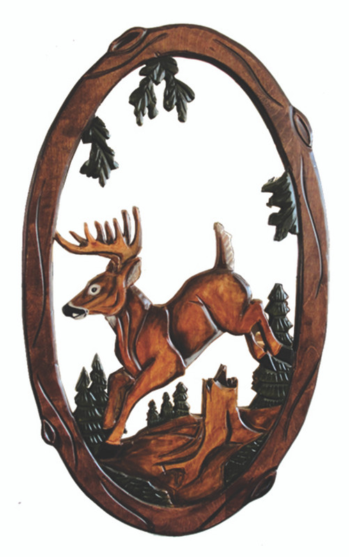 Jumping Deer Hand Crafted Intarsia Wood Art Wall Mirror 26 X 41 X 2 Inches Main image