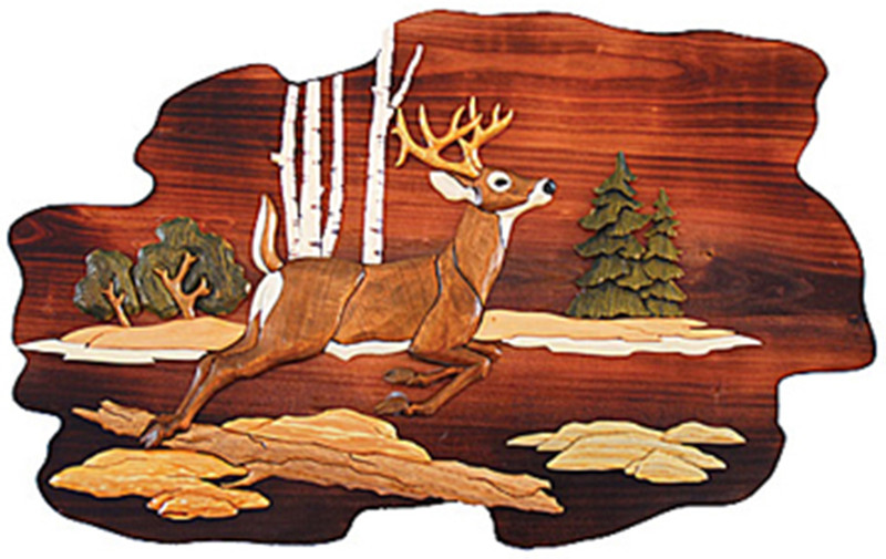 Jumping Deer Hand Crafted Intarsia Wood Art Wall Hanging 26 X 18 X 2.5 Inches Main image